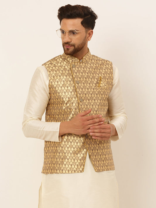 Men's Woven Design Waistcoat ( JOWC 4048Golden )