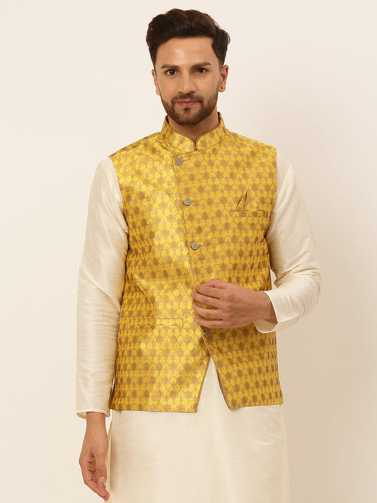 Men's Woven Design Waistcoat ( JOWC 4048Mustard )