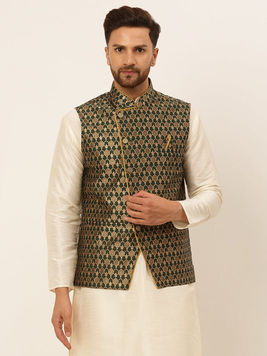 Men's Woven Design Waistcoat ( JOWC 4048Olive )