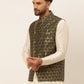 Men's Woven Design Waistcoat ( JOWC 4048Olive )