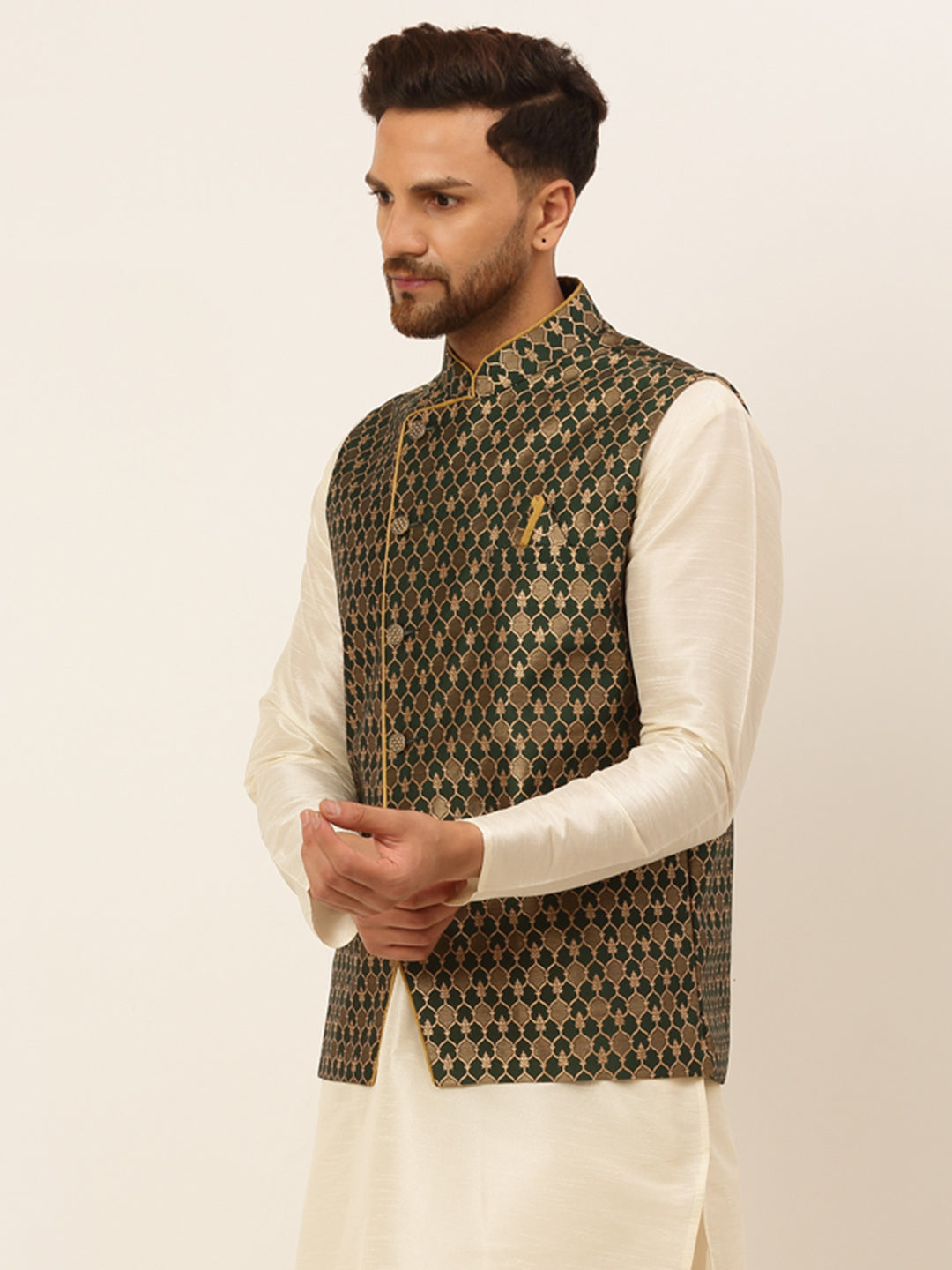 Men's Woven Design Waistcoat ( JOWC 4048Olive )