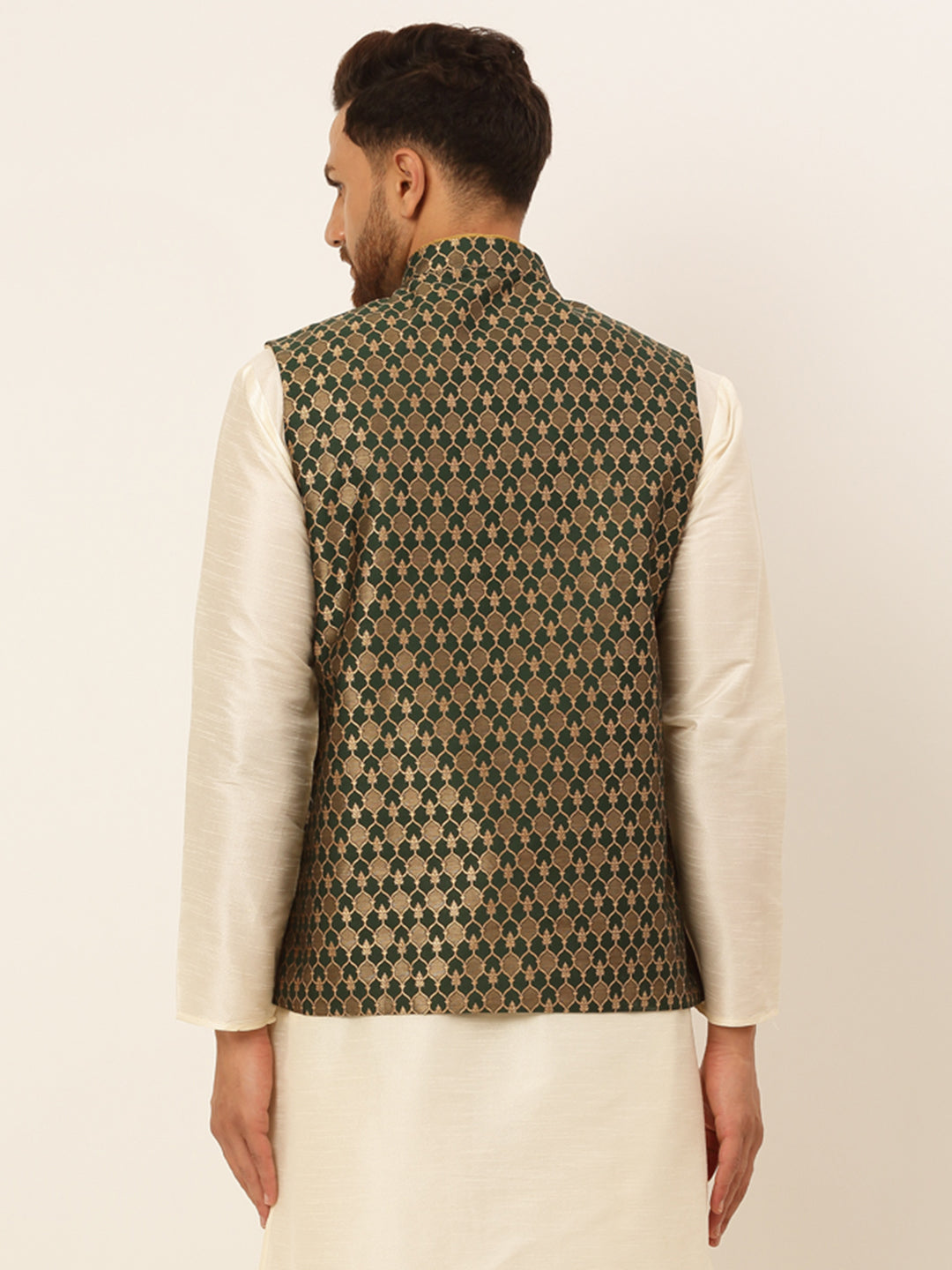 Men's Woven Design Waistcoat ( JOWC 4048Olive )