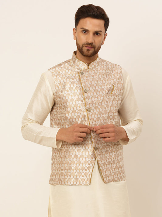 Men's Woven Design Waistcoat ( JOWC 4048Silver )