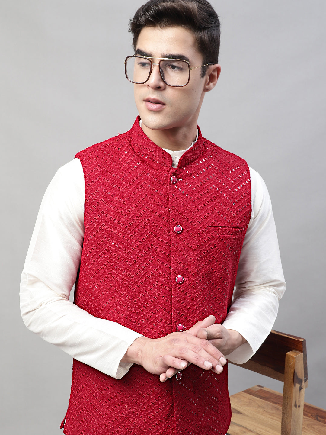 Men's Sequins Embroidered Rayon Nehru Jacket ( JOWC 4075Maroon )