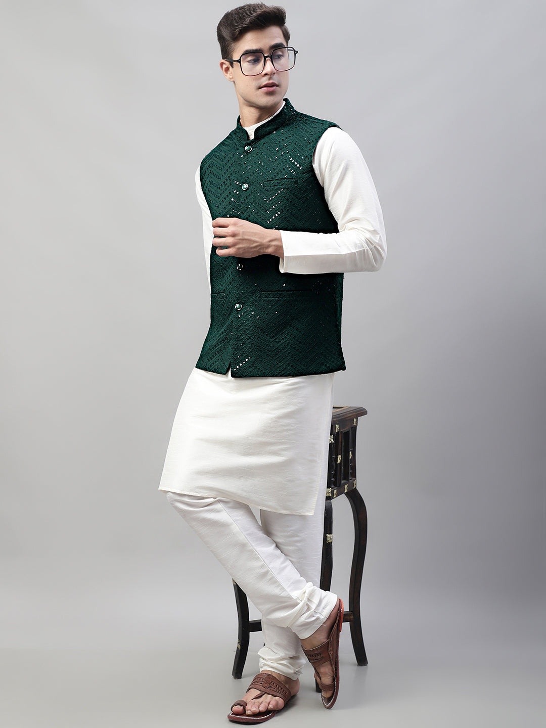 Men's Sequins Embroidered Rayon Nehru Jacket ( JOWC 4075Olive )