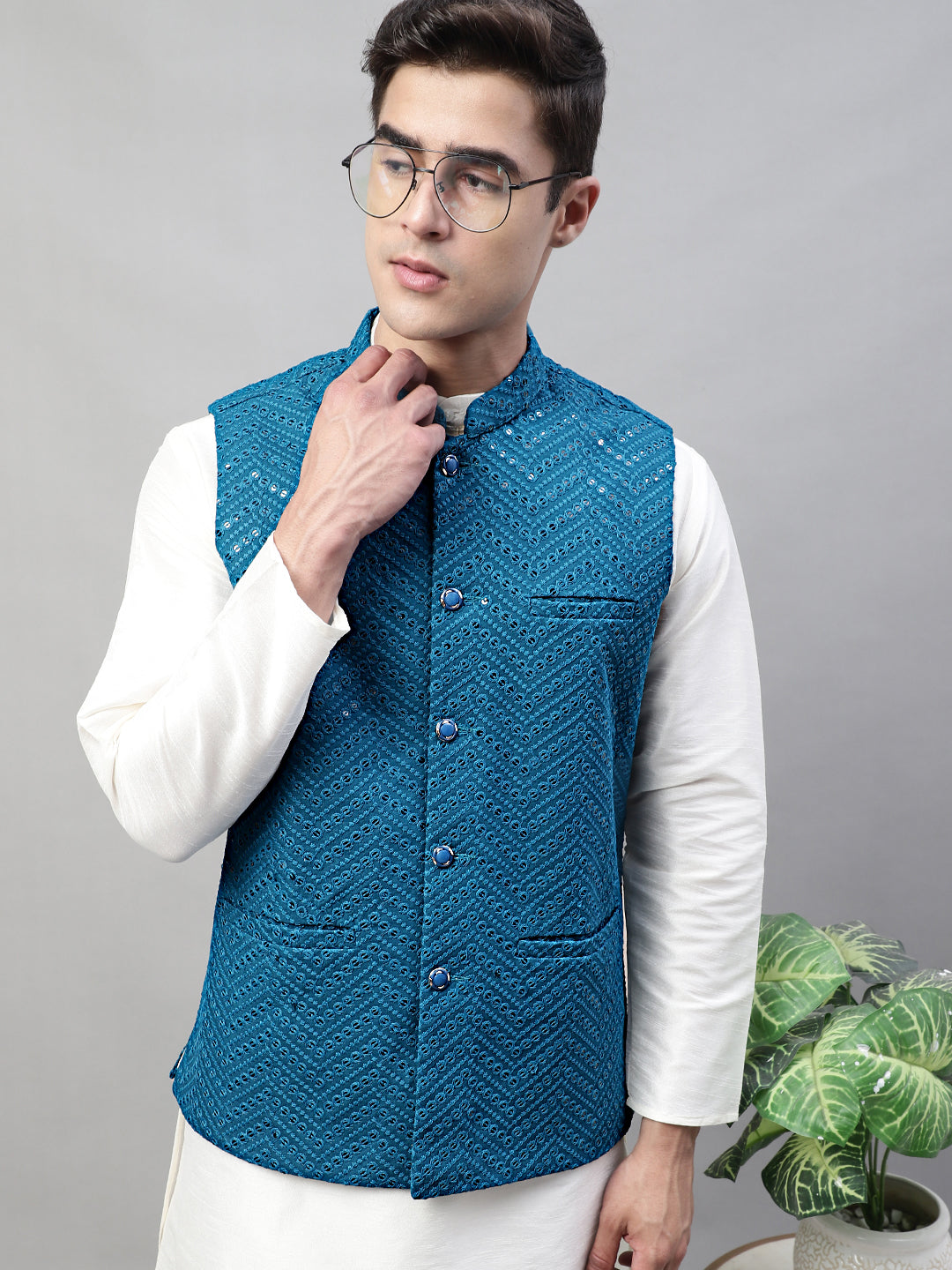 Men Sequins Embroidered Rayon Nehru Jacket ( MJJOWC 4075Peacock )
