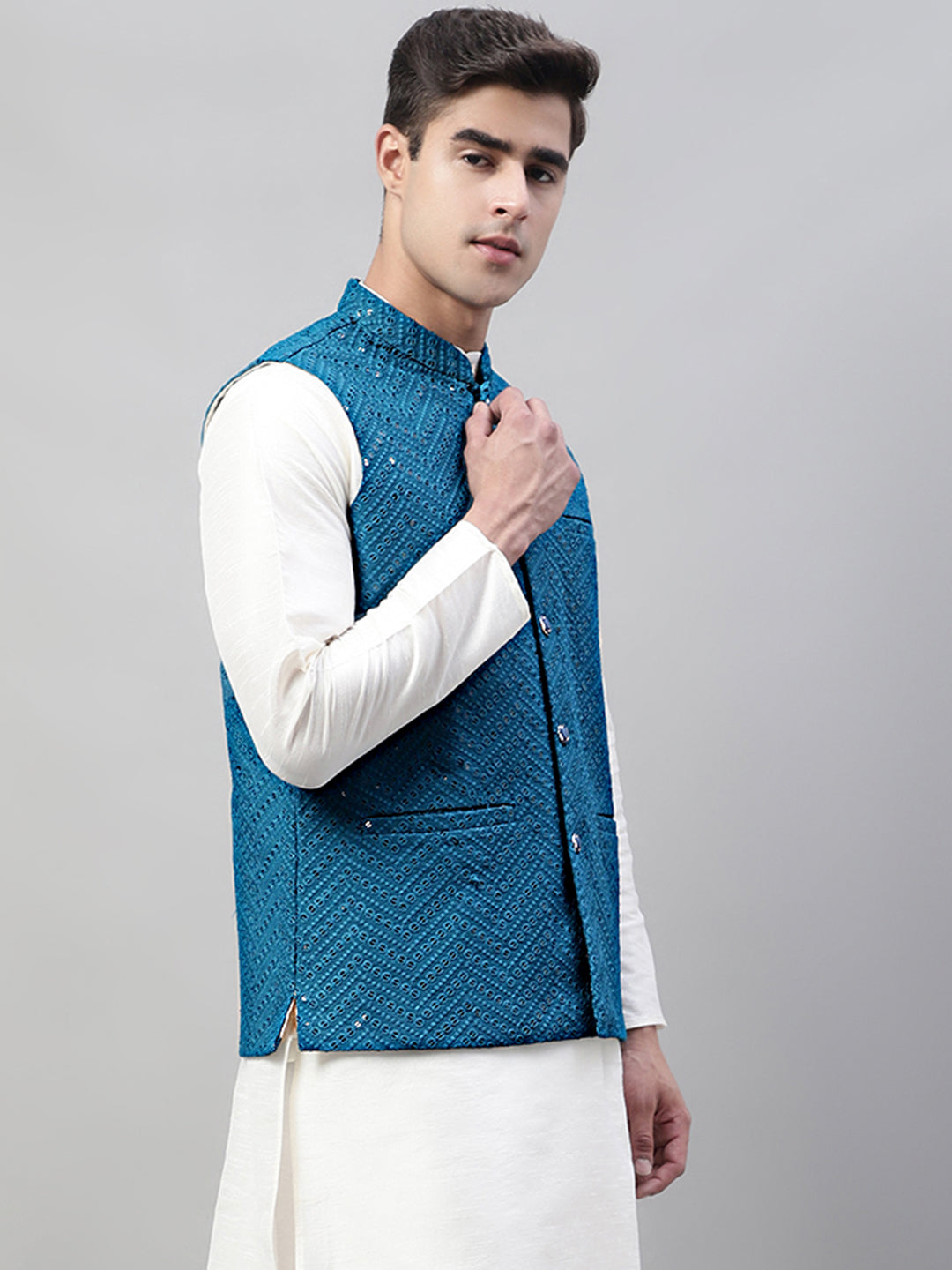 Men Sequins Embroidered Rayon Nehru Jacket ( MJJOWC 4075Peacock )