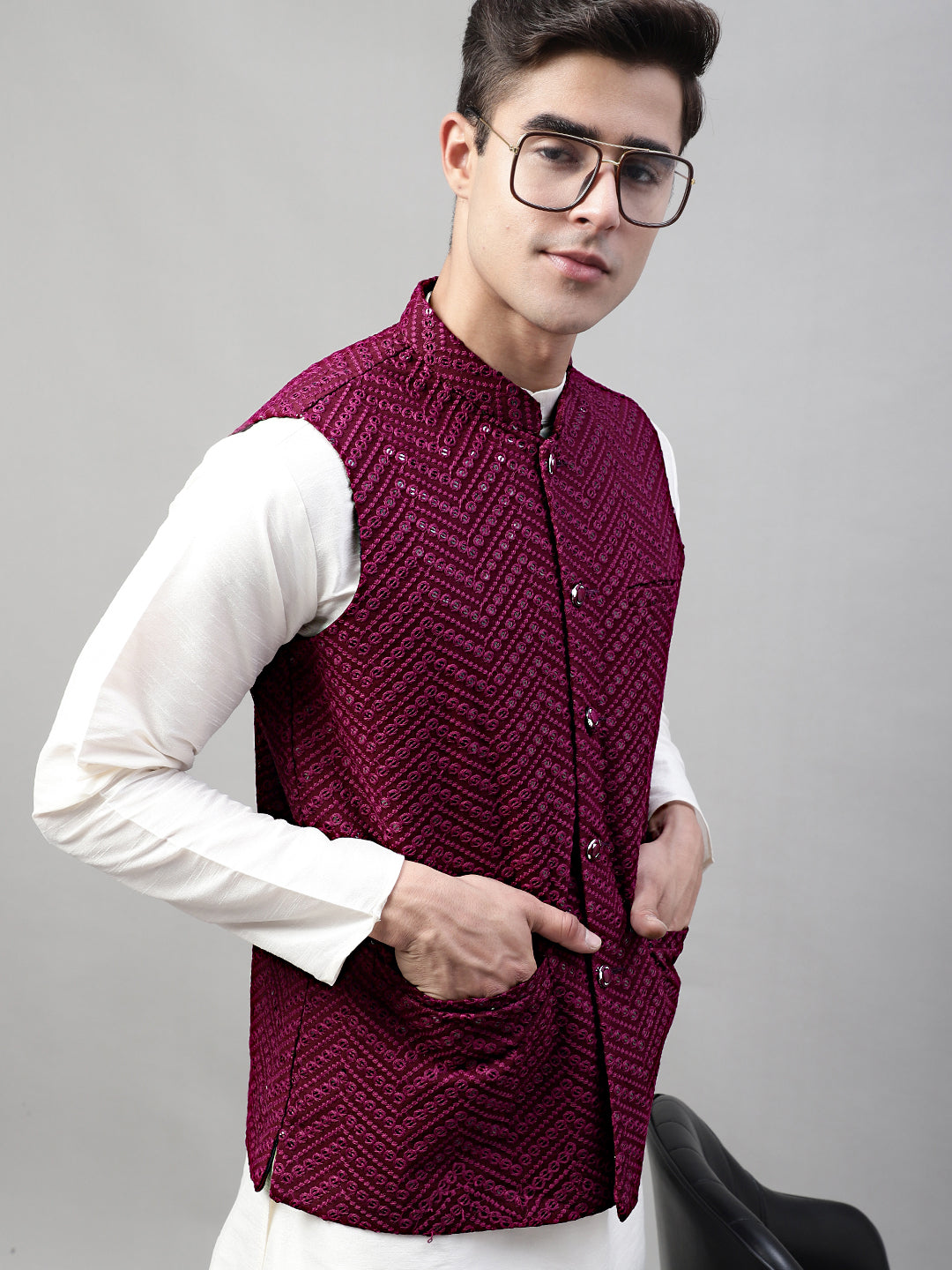 Men's Sequins Embroidered Rayon Nehru Jacket ( JOWC 4075Purple )