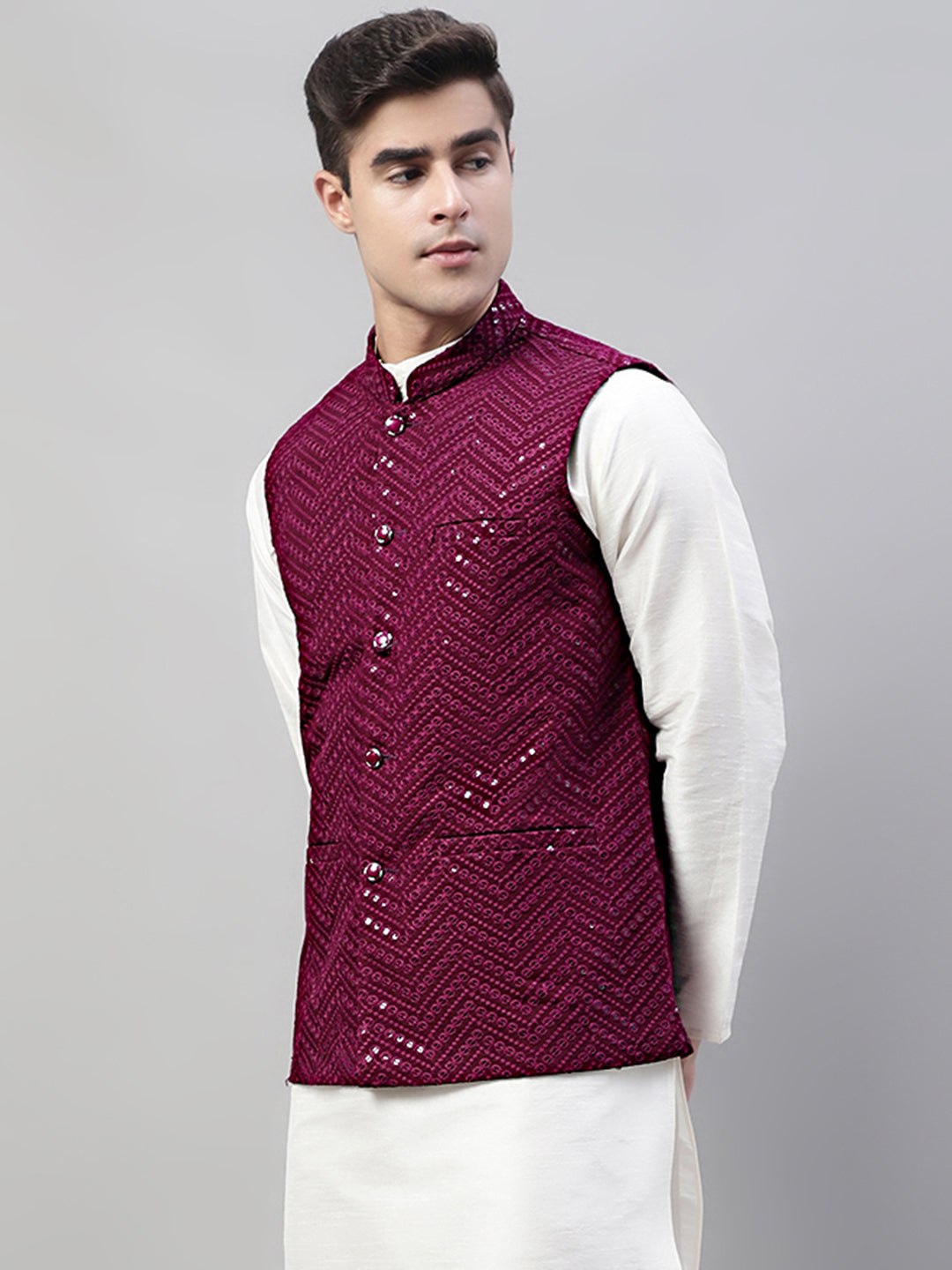 Men's Sequins Embroidered Rayon Nehru Jacket ( JOWC 4075Purple )