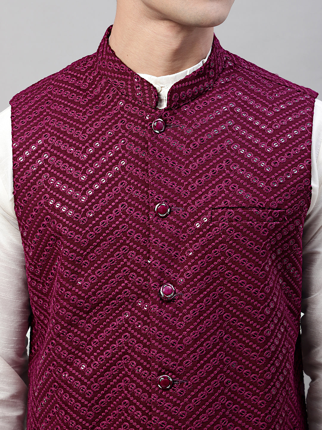 Men's Sequins Embroidered Rayon Nehru Jacket ( JOWC 4075Purple )