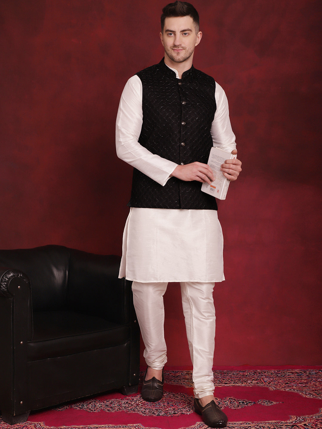 Black Woven Design Nehru Jacket ( JOWC 4091Black )
