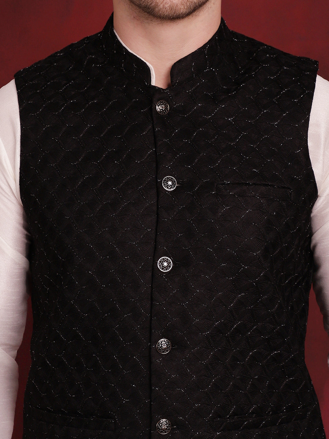 Black Woven Design Nehru Jacket ( JOWC 4091Black )