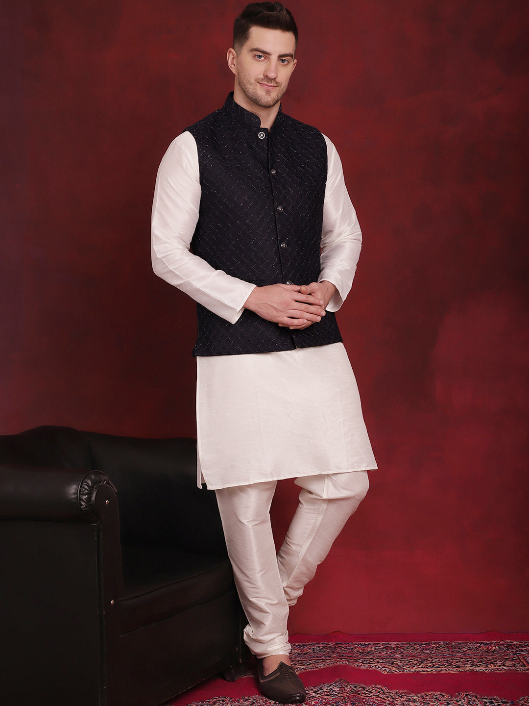 Navy Blue Woven Design Nehru Jacket ( JOWC 4091Navy )