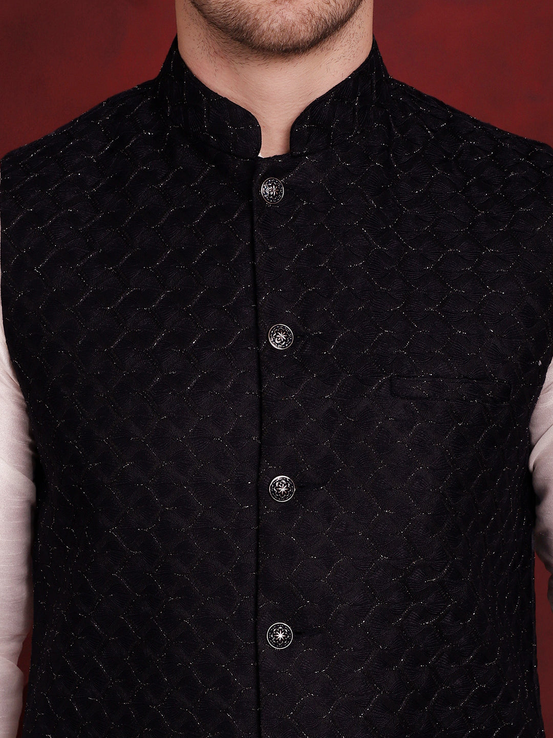Navy Blue Woven Design Nehru Jacket ( JOWC 4091Navy )