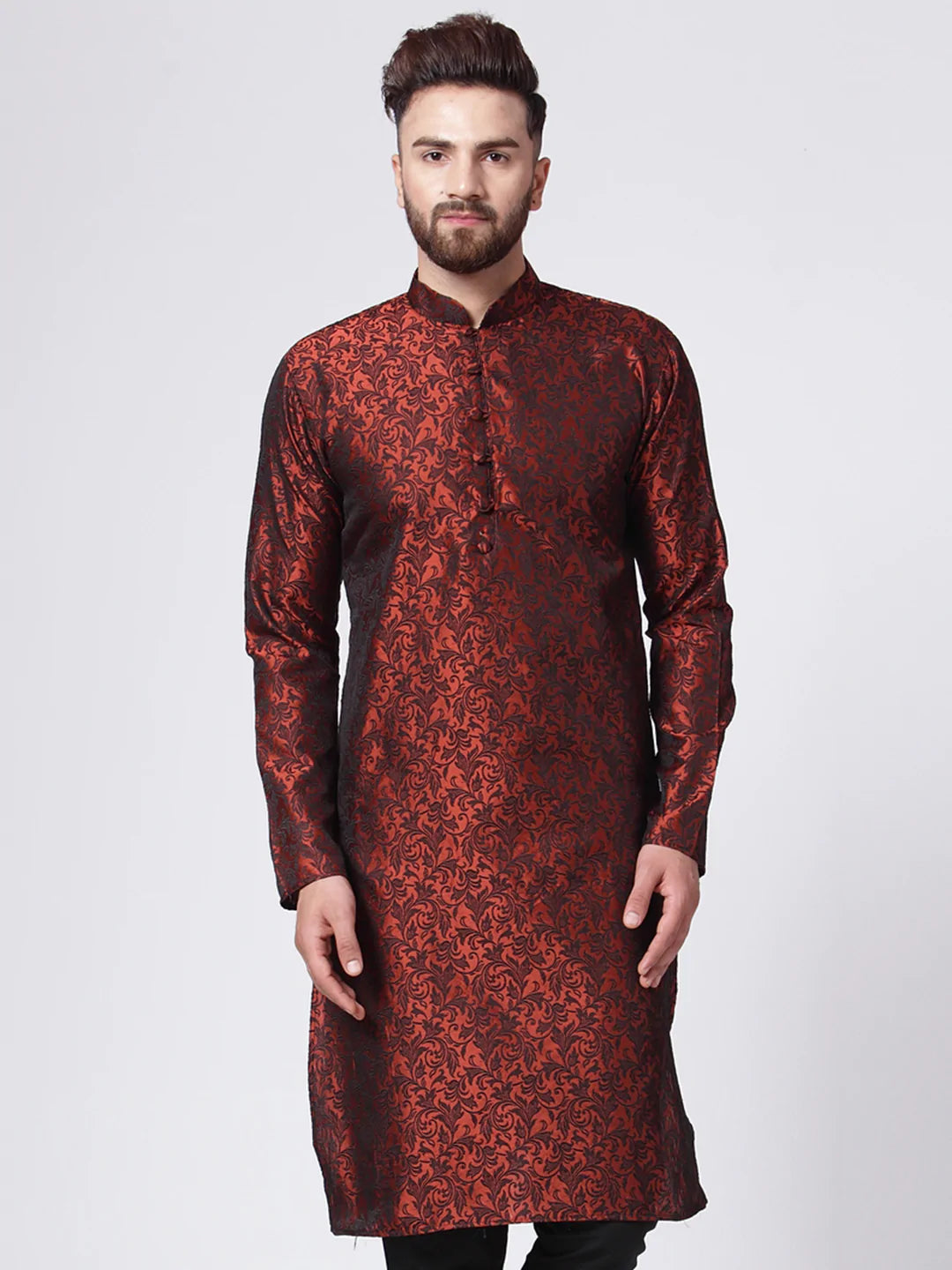 Men Maroon & Black Self Design Kurta Only ( JOK 517 Maroon )