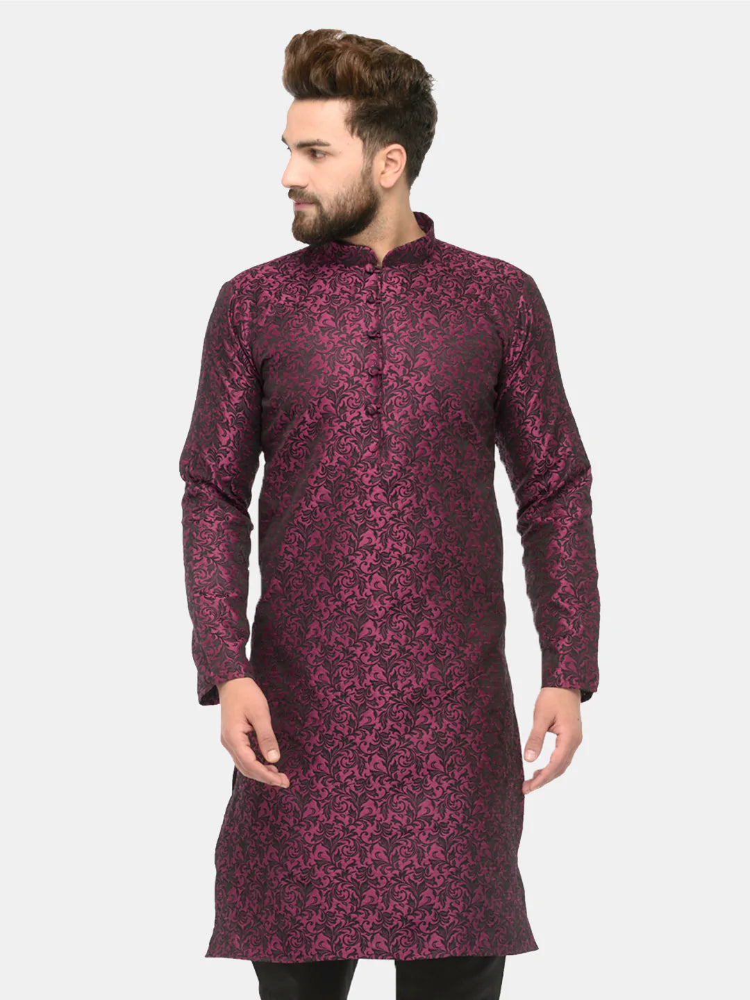 Men Purple & Black Self Design Kurta Only ( KO 517 Purple )