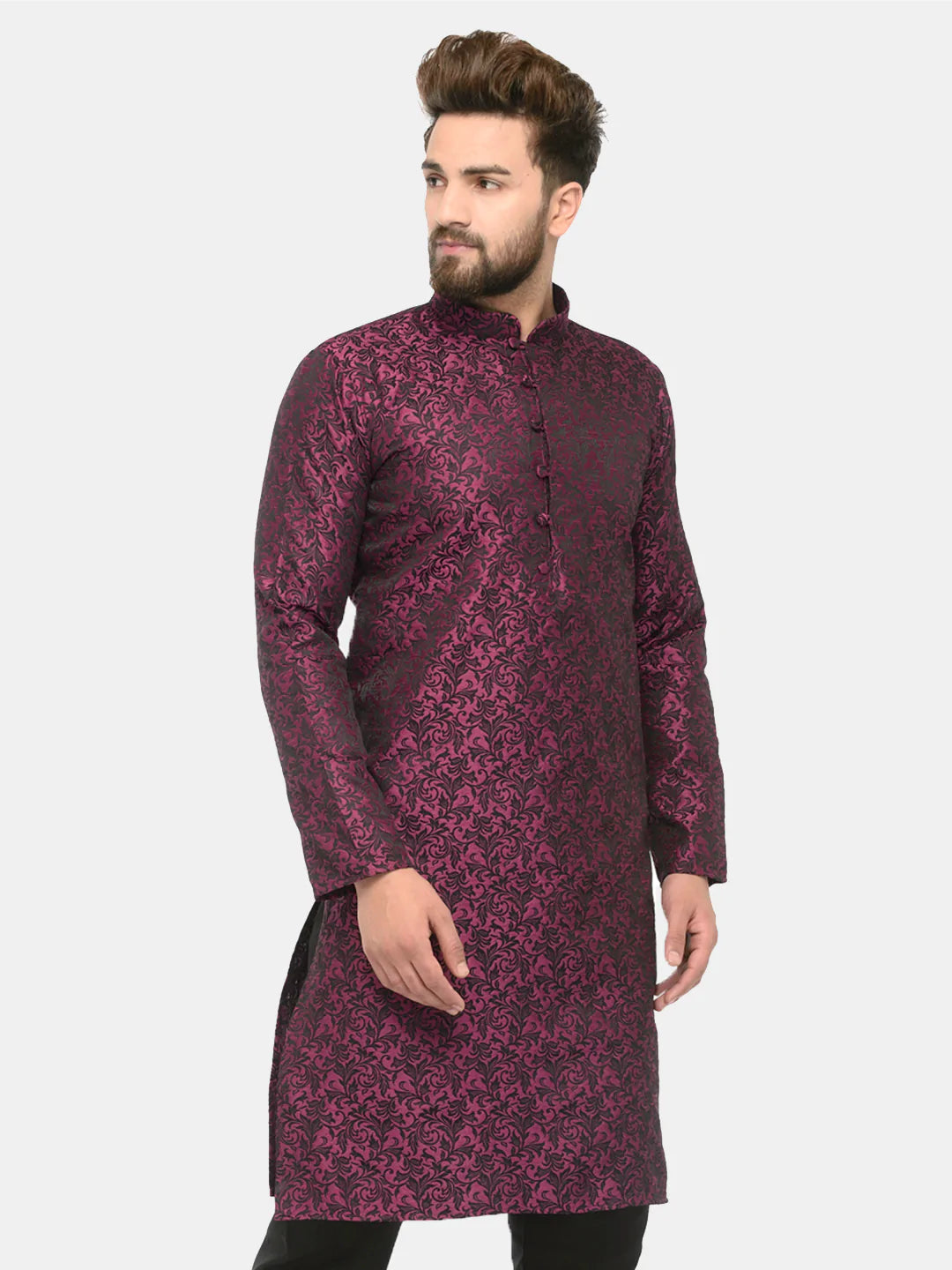 Men Purple & Black Self Design Kurta Only ( KO 517 Purple )