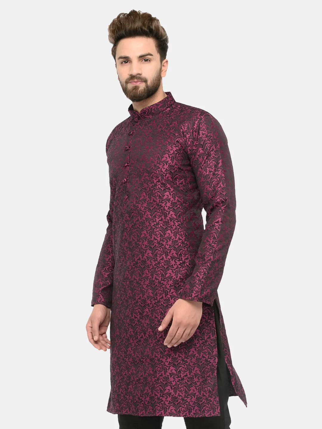 Men Purple & Black Self Design Kurta Only ( KO 517 Purple )