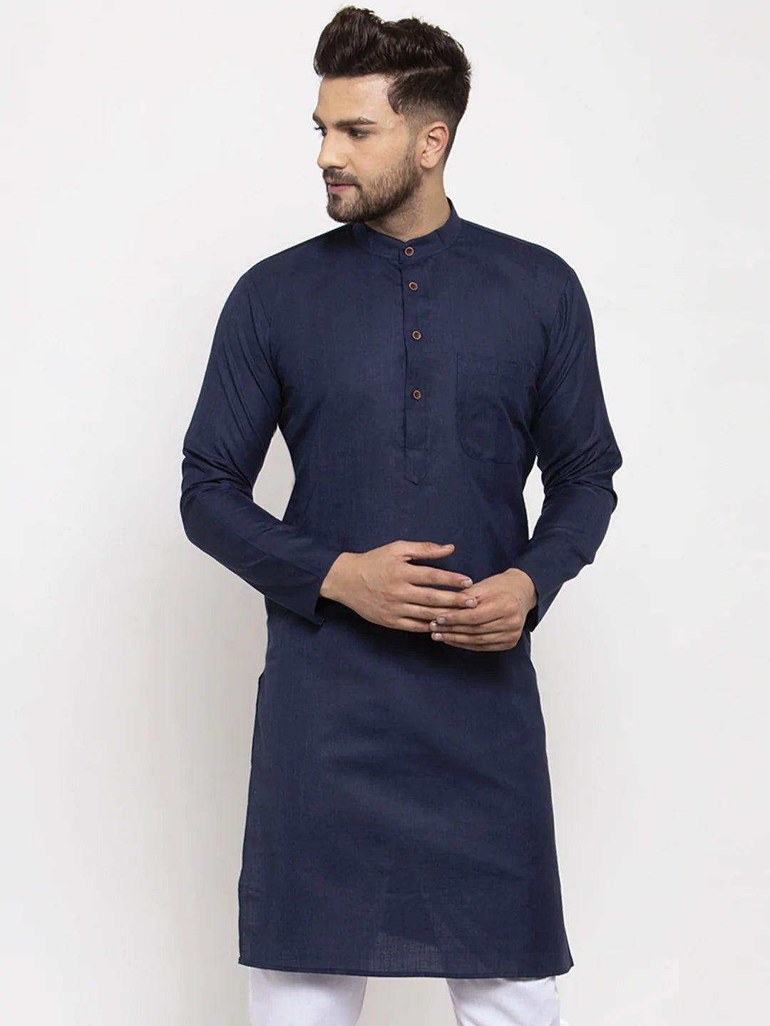 Men Navy Blue & White Solid Kurta Only ( KO 532 Navy )
