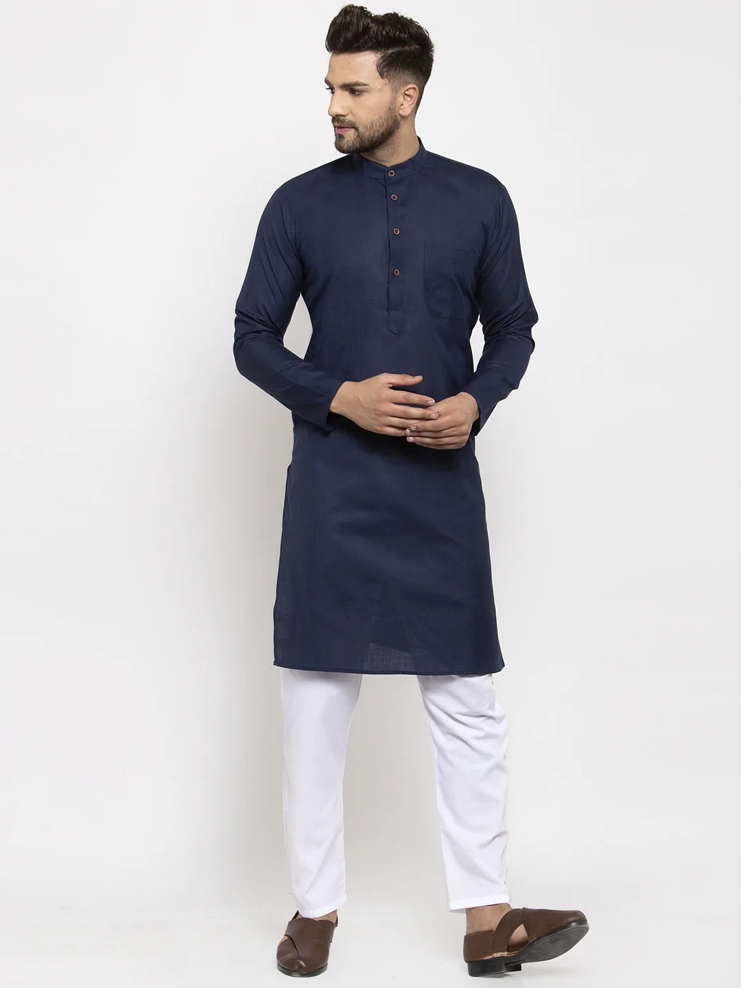 Men Navy Blue & White Solid Kurta Only ( KO 532 Navy )