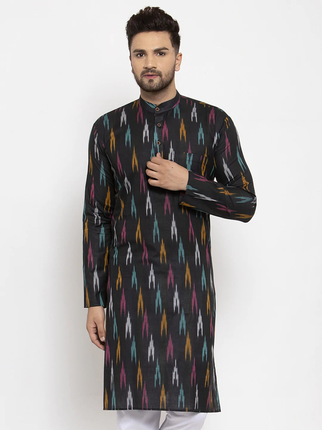 Jompers Men Black Woven Design Ikkat Straight Kurta Only ( KO 615 Black )