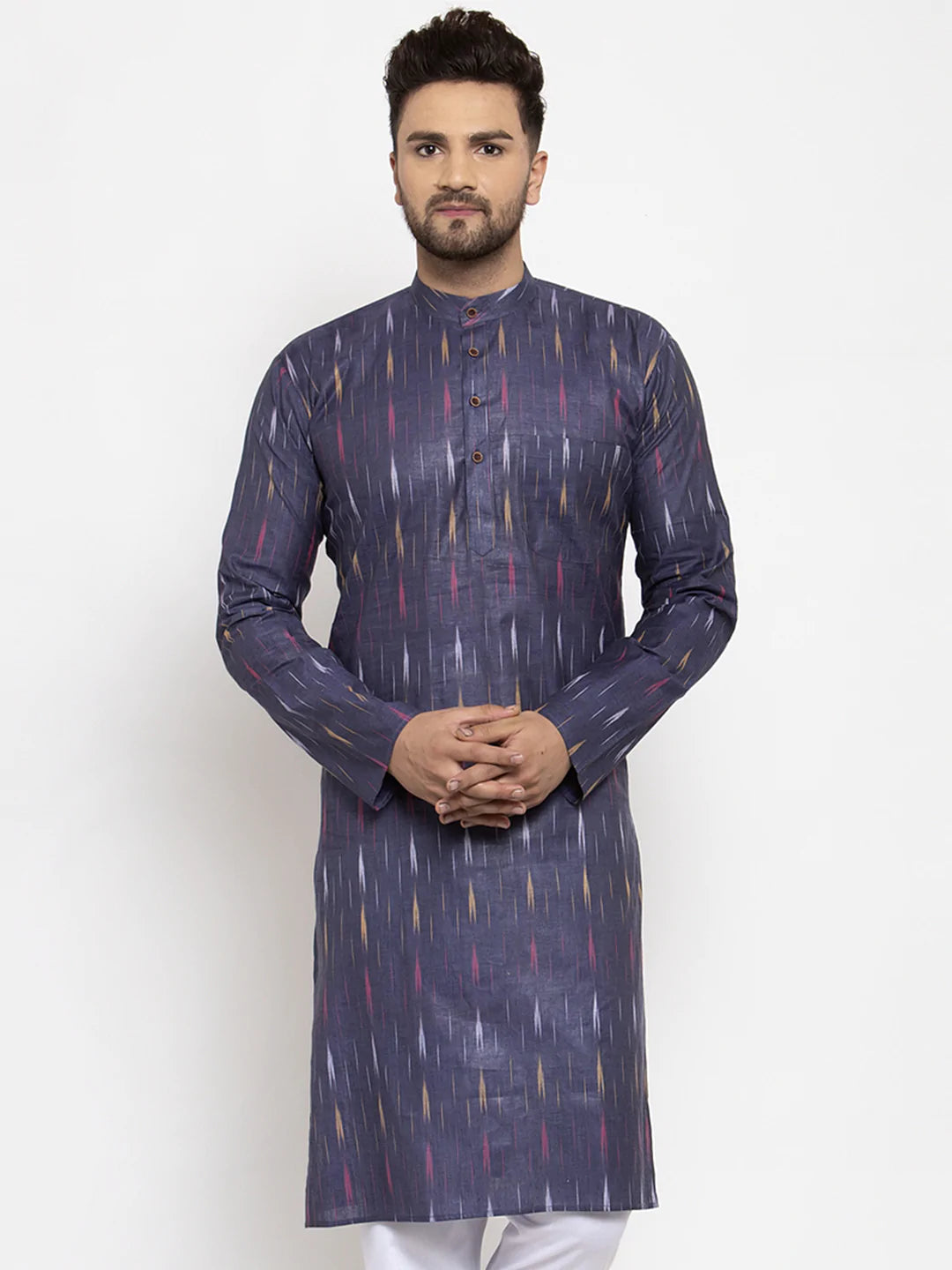 Jompers Men Navy Blue Woven Design Ikkat Straight Kurta Only ( KO 615 Navy )