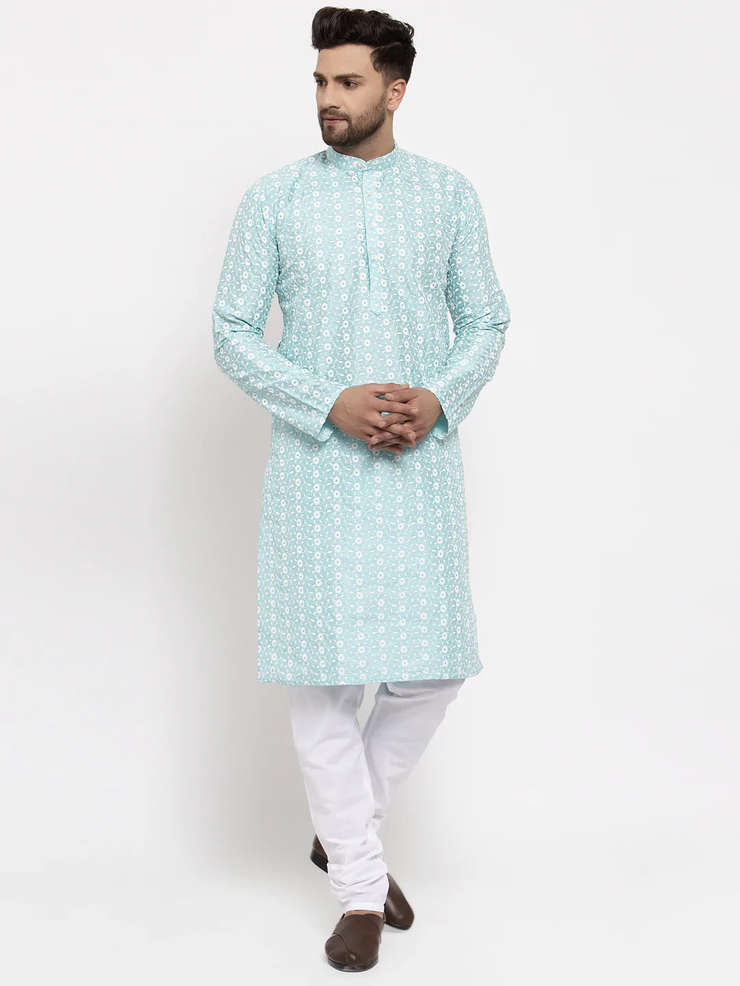 Jompers Men Turquoise Blue Embroidered Kurta Only ( KO 633 Sky )