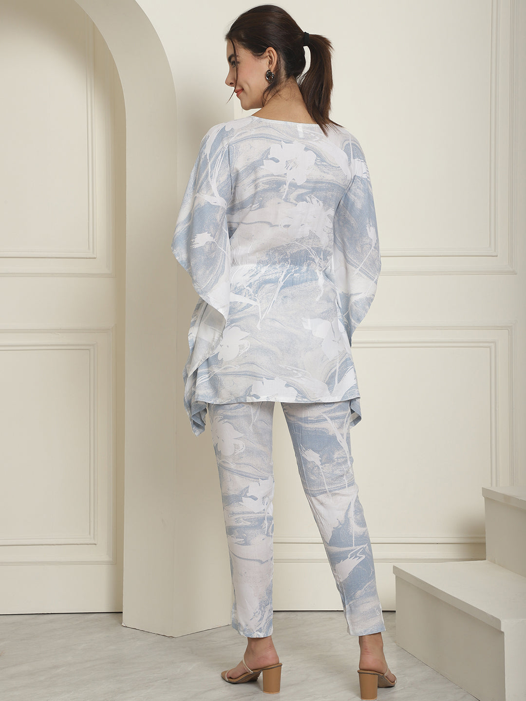 Women Light-Blue Tie Dye Printed Rayon Kaftan Tunic With Trousers ( JNCS 3002Light-Blue )