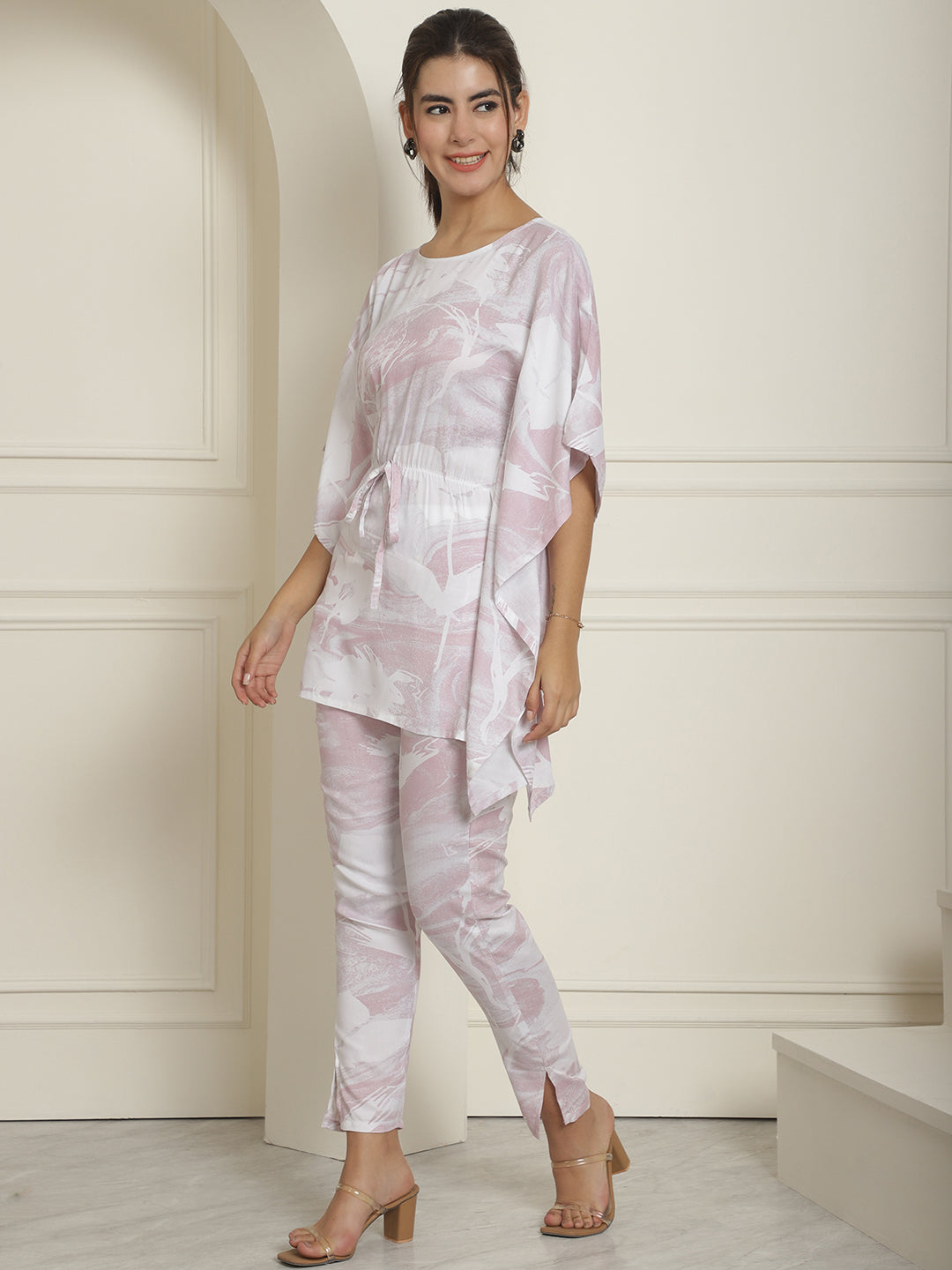 Women Light-Purple Tie Dye Printed Rayon Kaftan Tunic With Trousers ( JNCS 3002Light-Purple )