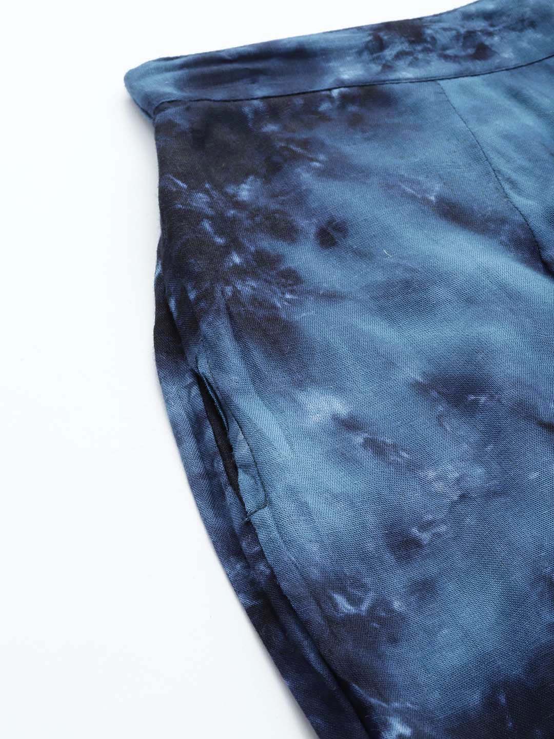 Women Navy Blue Tie Dye Printed Rayon Kaftan Tunic With Trousers ( JNCS 3002 Navy )