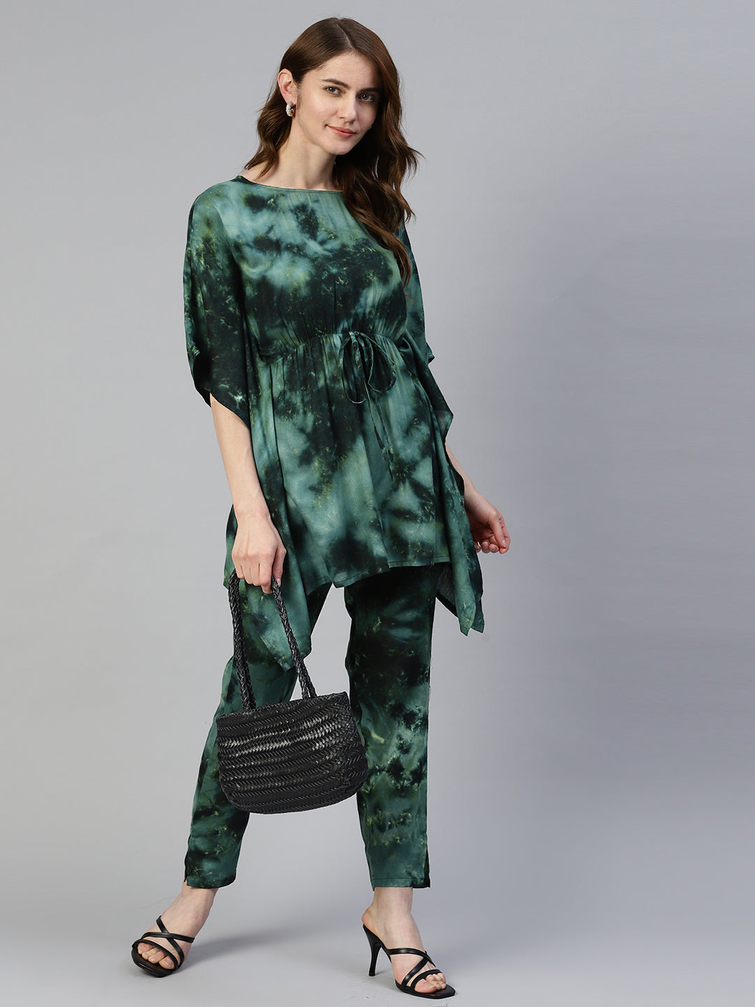 Women Olive Green Tie Dye Printed Rayon Kaftan Tunic With Trousers ( JNCS 3002 Olive )