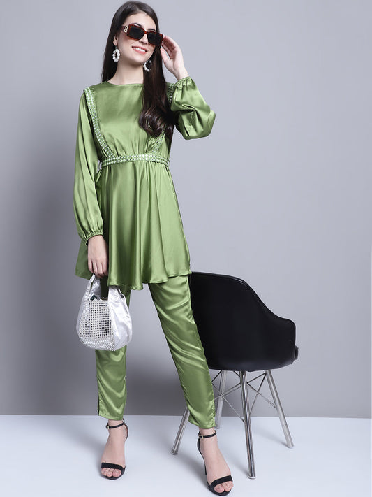 Women's Embroidered A-line Top and Trouser With Belt ( JNCS 3005 Green )