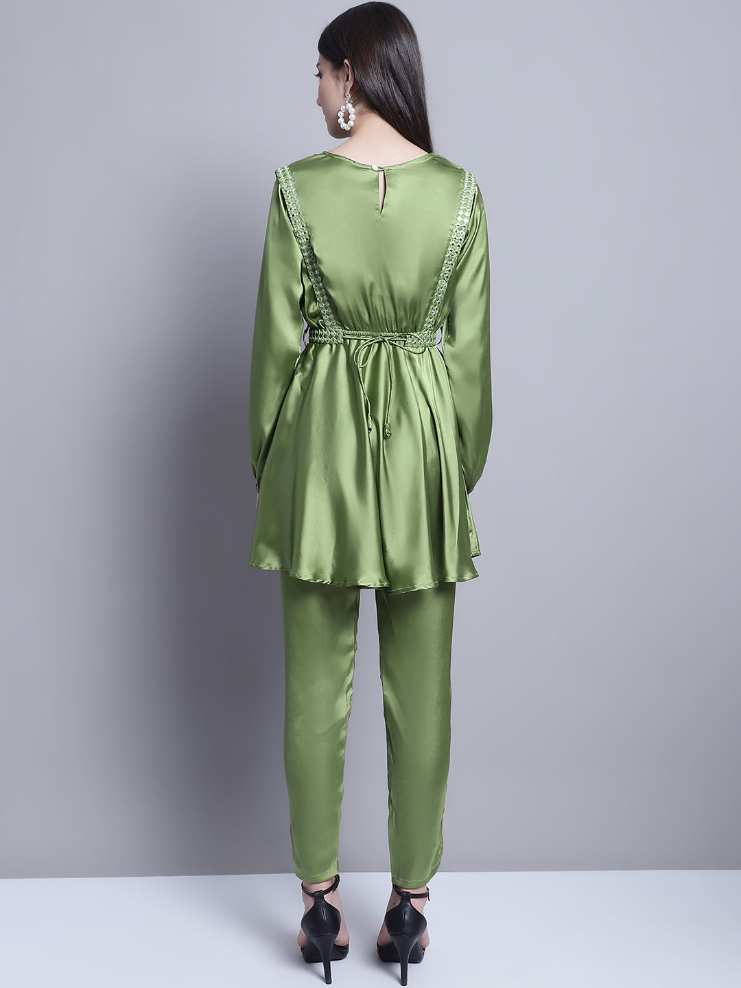 Women's Embroidered A-line Top and Trouser With Belt ( JNCS 3005 Green )