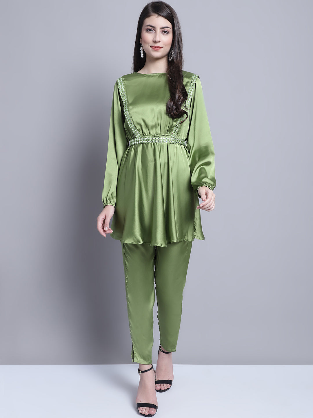 Women's Embroidered A-line Top and Trouser With Belt ( JNCS 3005 Green )