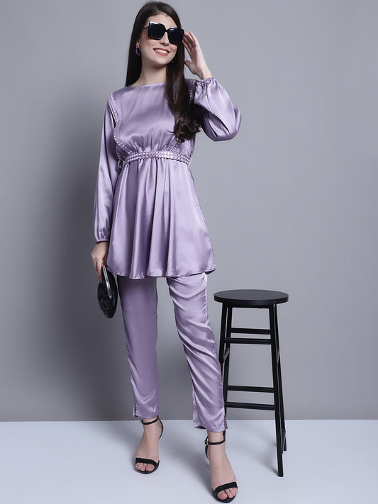 Women's Embroidered A-line Top and Trouser With Belt ( JNCS 3005 Purple )