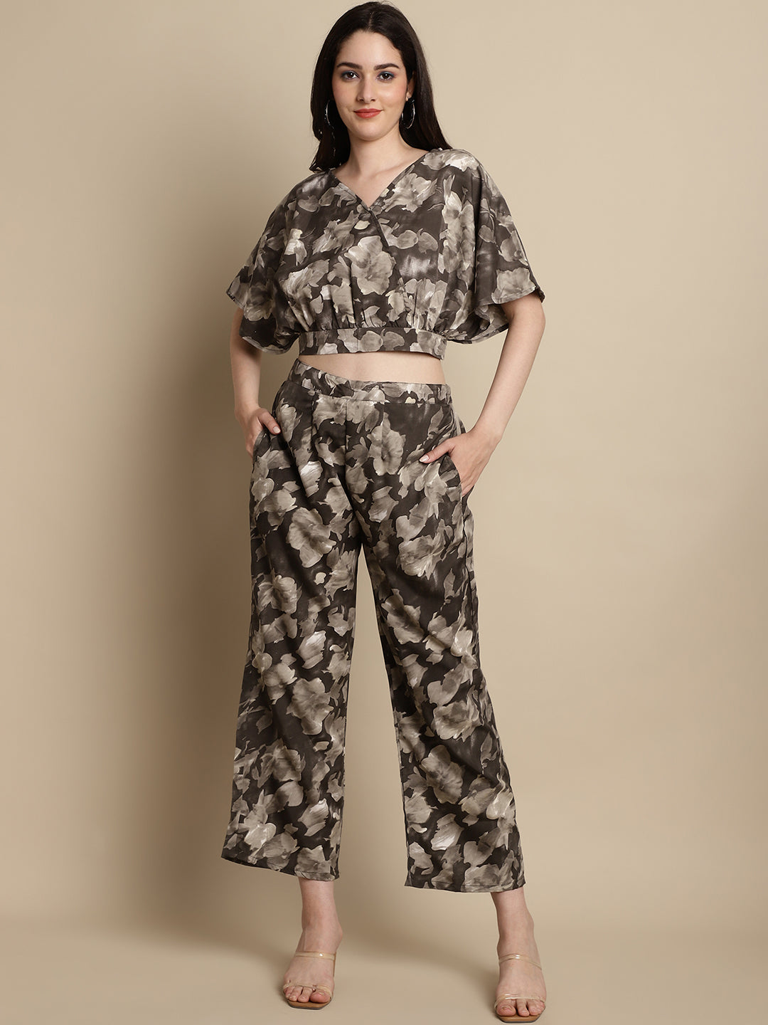 Women Brown Printed Crop Top With Palazzos ( JNCS 3006Brown )