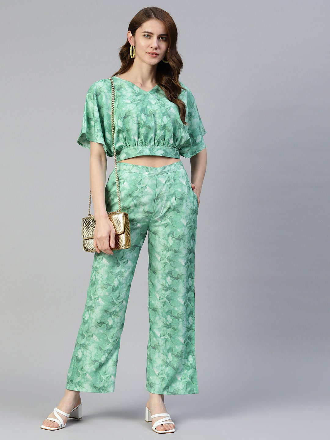 Women Green Printed Crop Top With Palazzos ( JNCS 3006 Green )