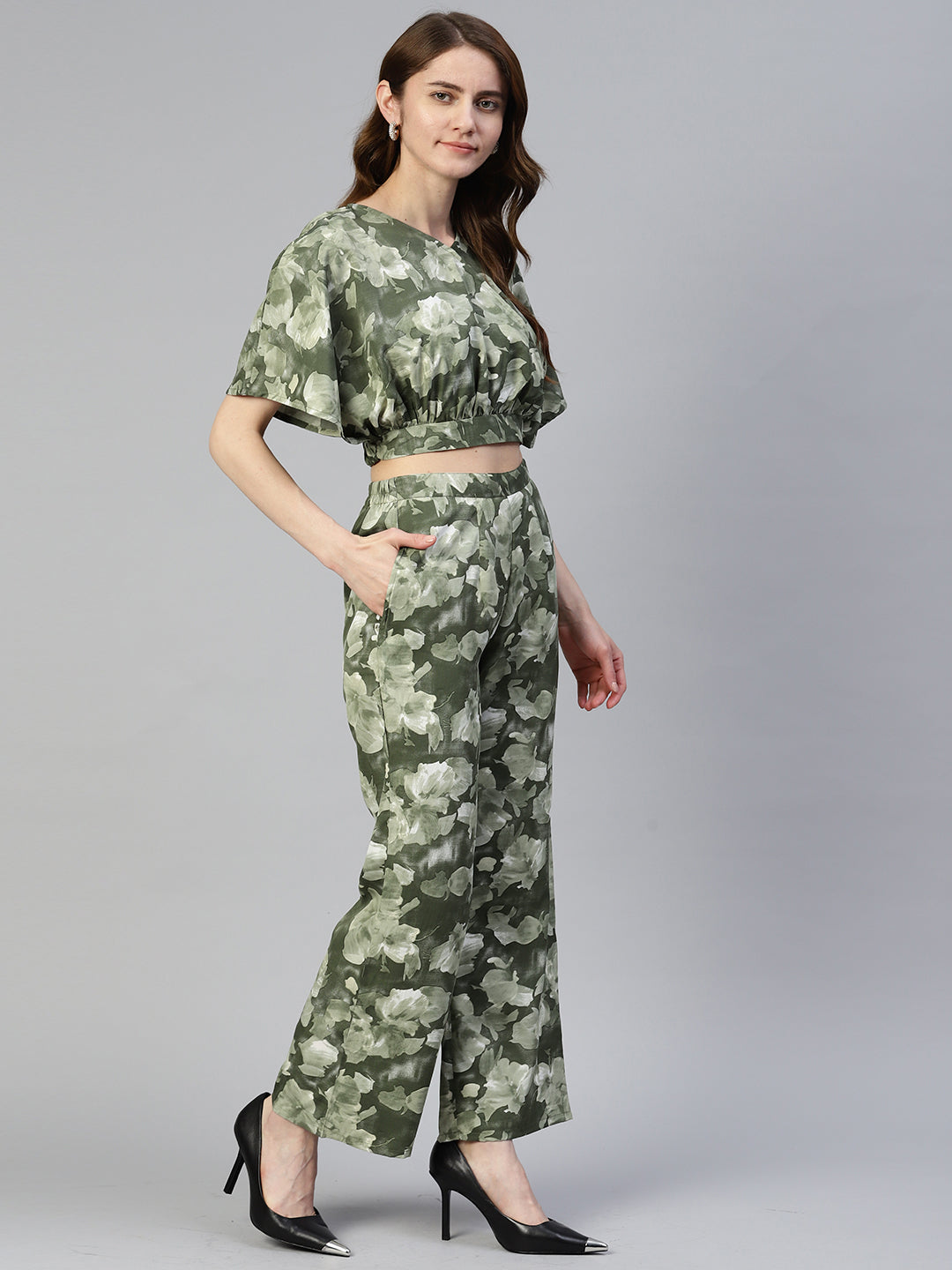 Women Olive Green Printed Crop Top With Palazzos ( JNCS 3006 Olive )