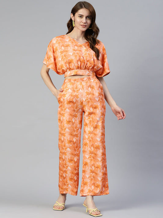 Women Orange Printed Crop Top With Palazzos ( JNCS 3006 Orange )