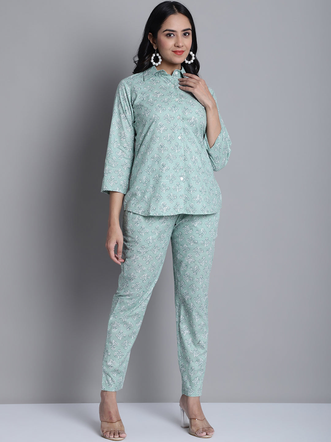 Women's Lime Green Printed Shirt and Trouser Co-ords Set ( JNCS 3008 Lime )