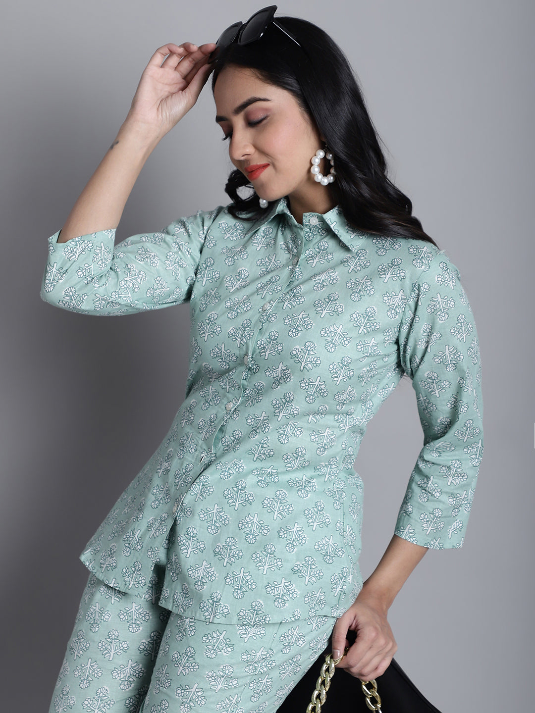 Women's Lime Green Printed Shirt and Trouser Co-ords Set ( JNCS 3008 Lime )