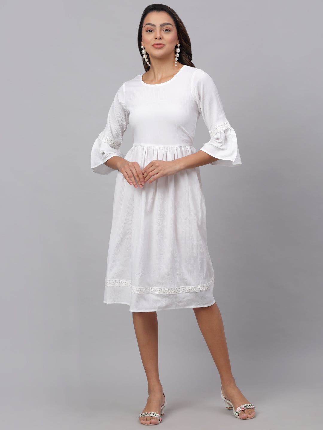 Women White Solid Fit & Flare Dress ( JND 1002White )