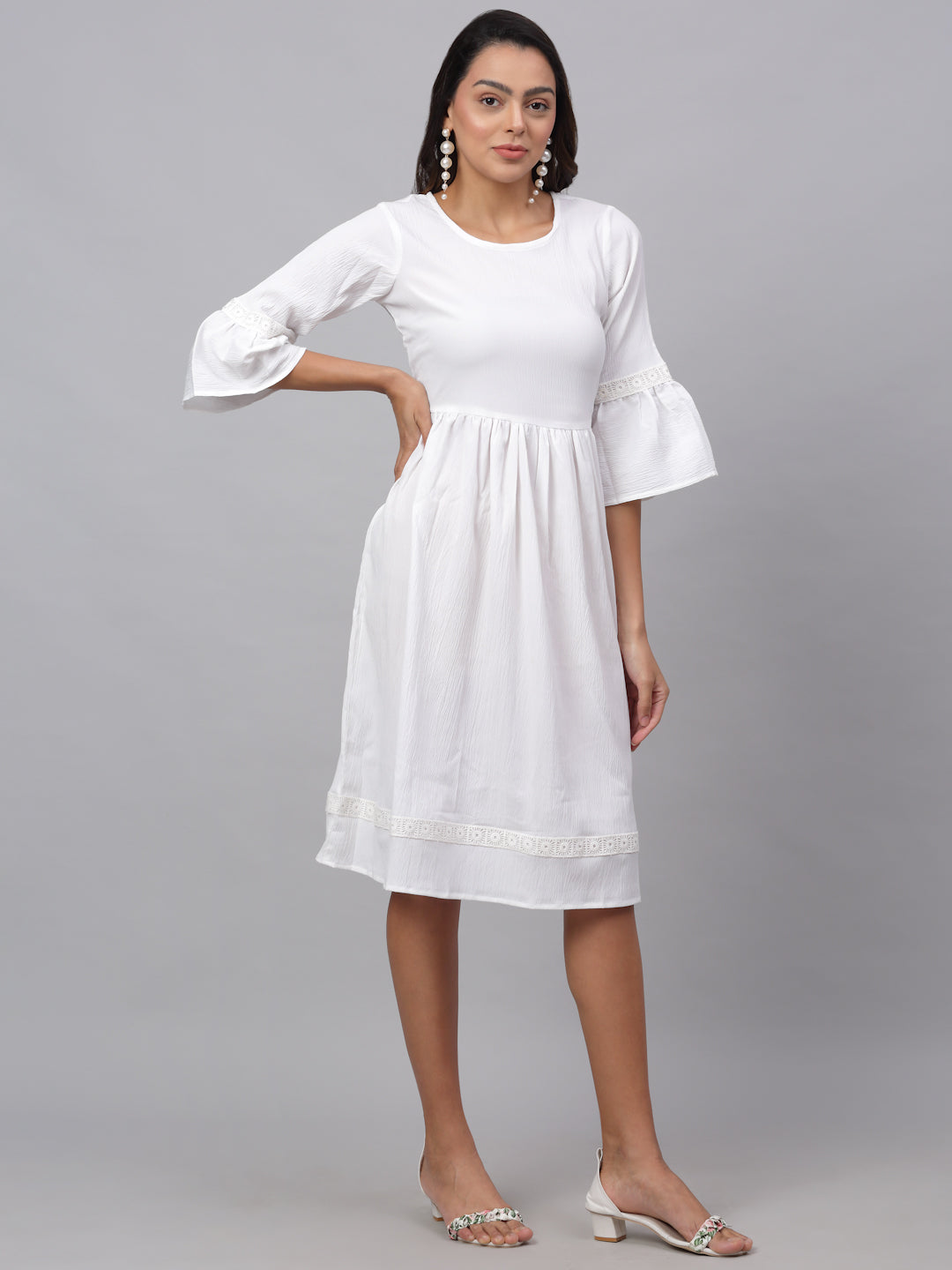 Women White Solid Fit & Flare Dress ( JND 1002White )