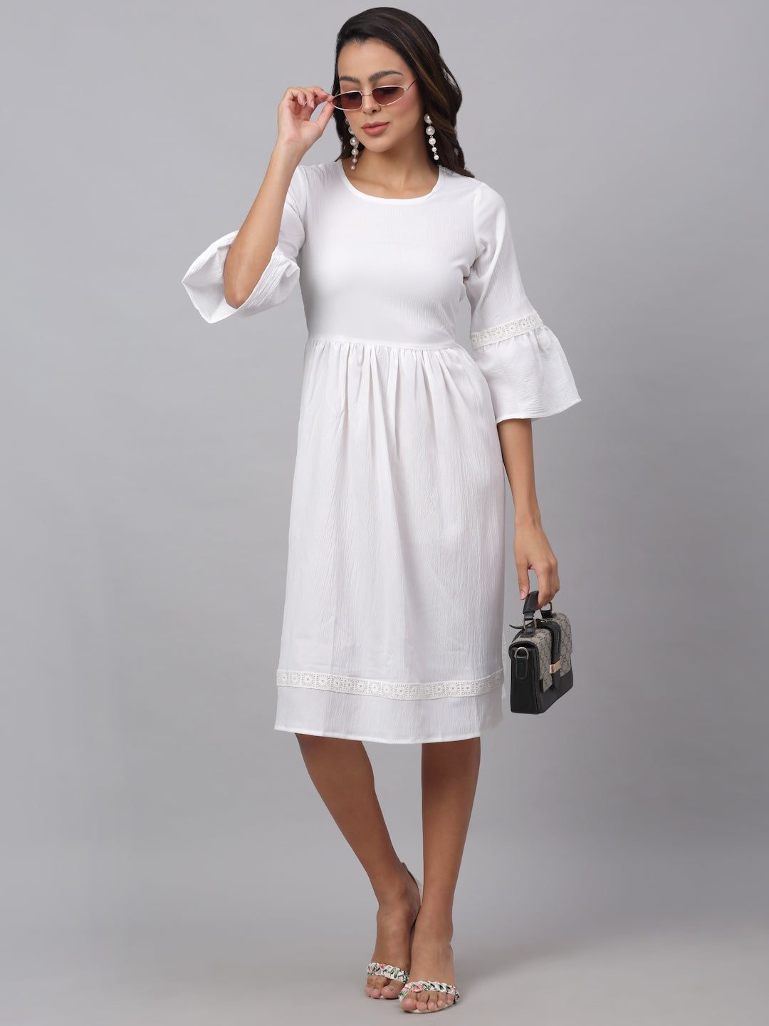 Women White Solid Fit & Flare Dress ( JND 1002White )