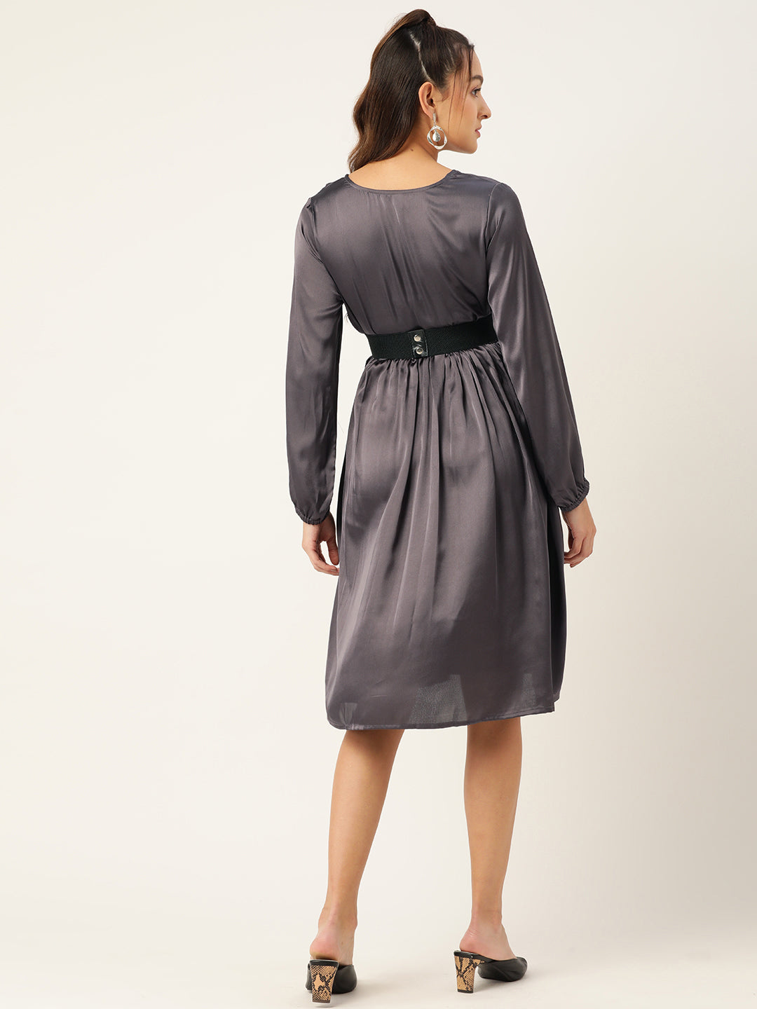 Women Puff Sleeves Satin Wrap Dress with Belt ( JND 1003Charcoal )
