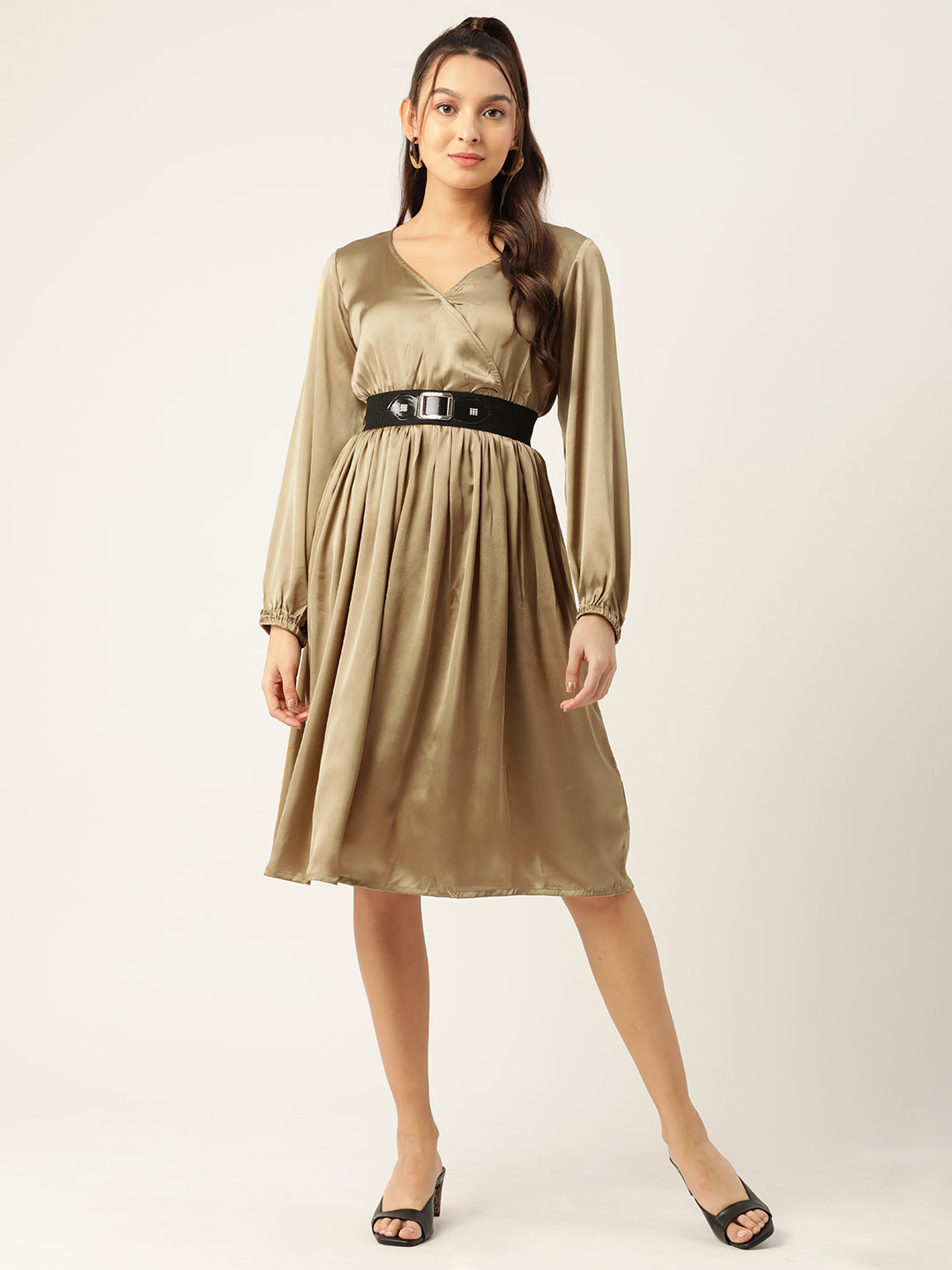 Women Puff Sleeves Satin Wrap Dress with Belt ( JND 1003Golden )