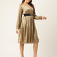 Women Puff Sleeves Satin Wrap Dress with Belt ( JND 1003Golden )