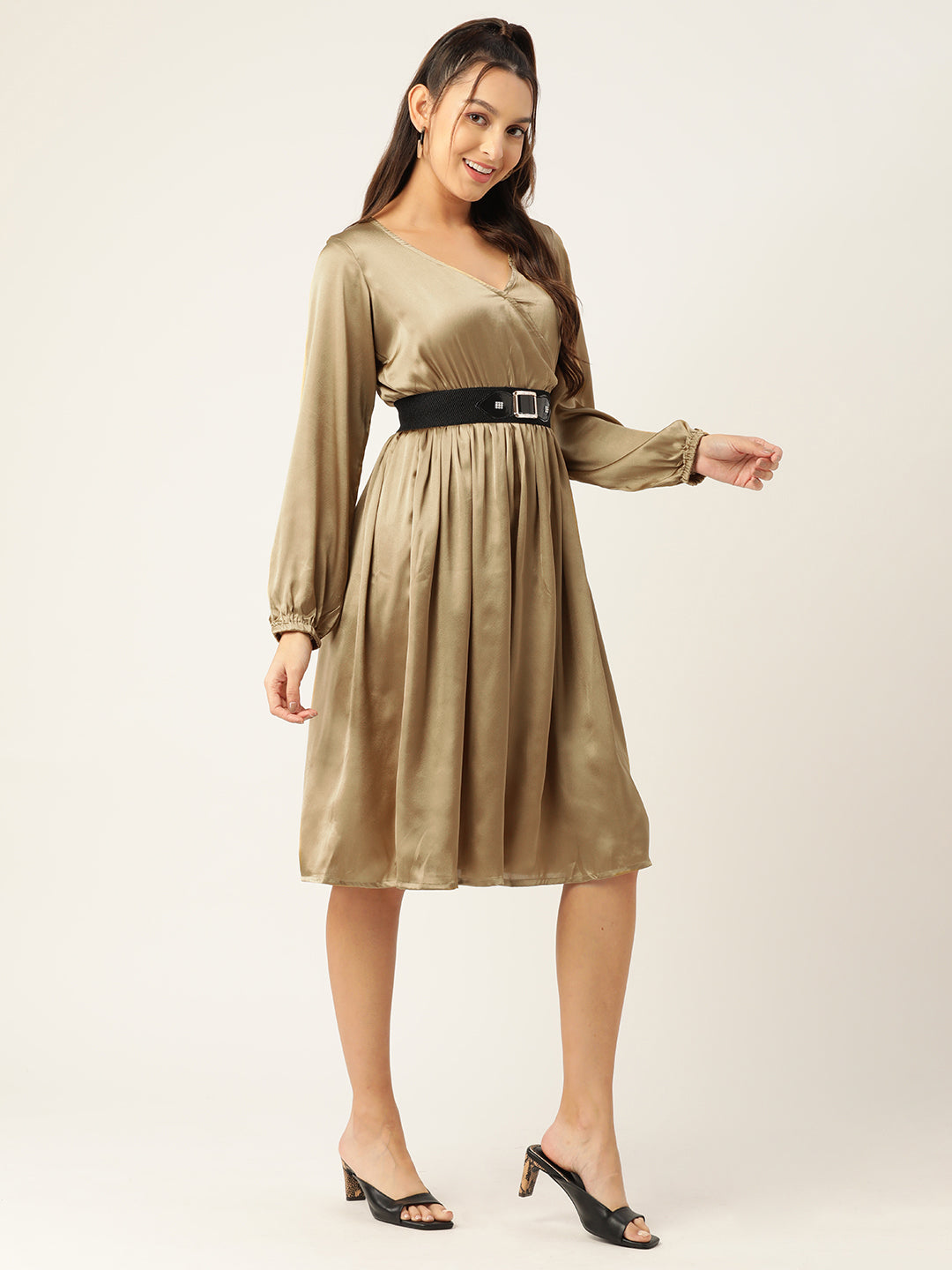 Women Puff Sleeves Satin Wrap Dress with Belt ( JND 1003Golden )