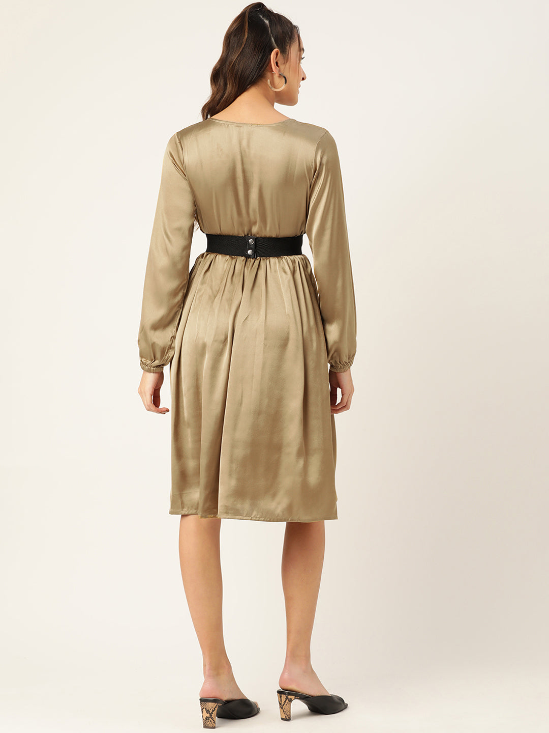 Women Puff Sleeves Satin Wrap Dress with Belt ( JND 1003Golden )