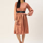 Women Peach-Coloured Satin Dress with Belt ( JND 1004Brown )